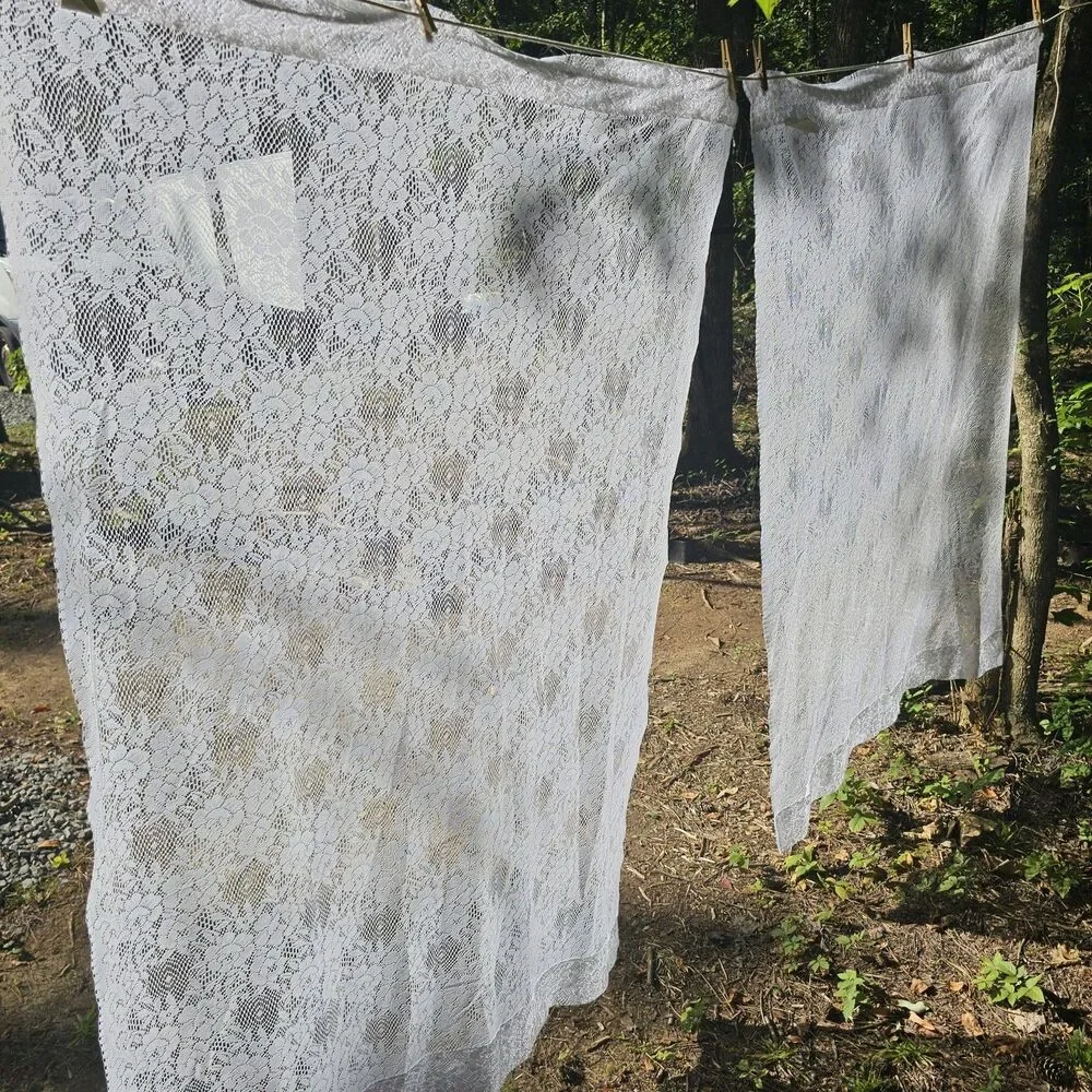 Pair Of Romantic White Floral Lace Curtain Panels - Cottagecore, Country 40x60